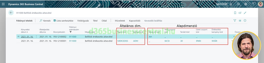 Business Central - Alapdimenziók direkt elérése a Főkönyvi tételeken