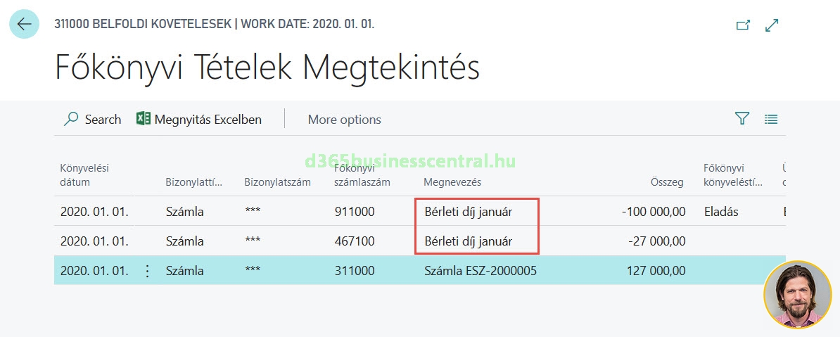 Business Central - főkönyvi tétel megnevezése